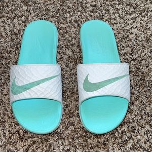 Blue and White Nike Slides